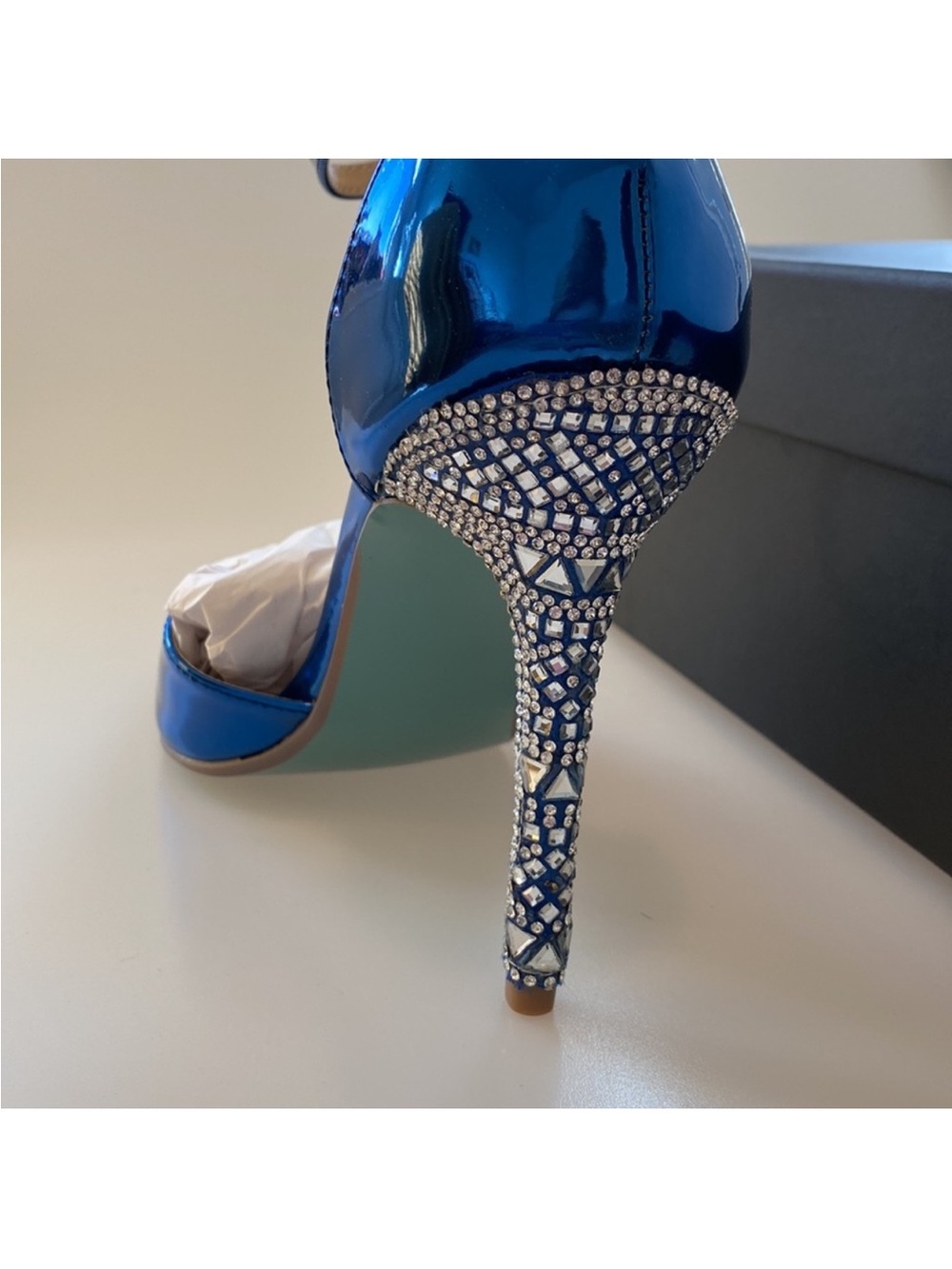 Betsey Johnson Metallic Blue Patent Ankle-Strap Pointed Pump with Crystal Heel - Picture 2 of 3